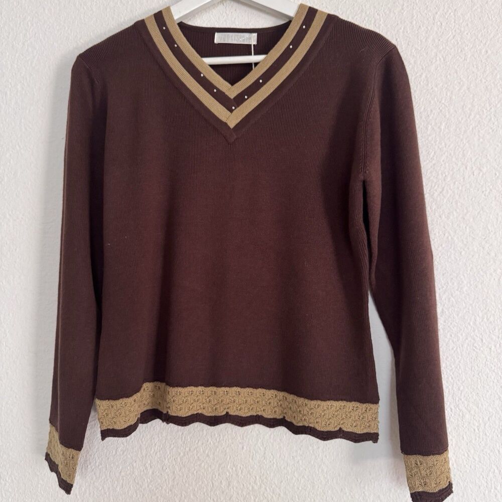 New Womens Brown Beige Wool Blend Knit V-Neck Long-Sleeve Sweater Embodied - Picture 3 of 11
